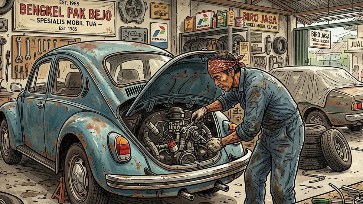 Mobil tua biasanya membutuhkan perawatan yang cukup sering agar performa mobil tetap terjaga. (GEMINI AI/ANDHIKA FERIAWAN/RADAR BOJONEGORO)