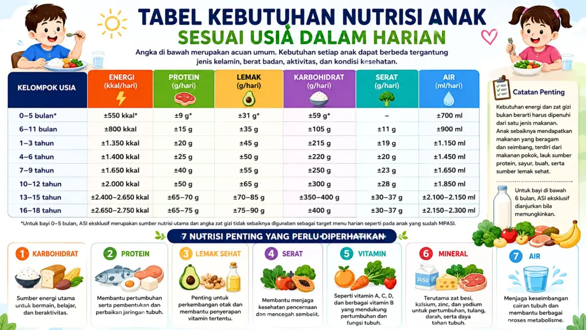 Tabel infografis kebutuhan nutrisi anak harian. (CHAT GPT/ANDHIKA FERIAWAN/RADAR BOJONEGORO)