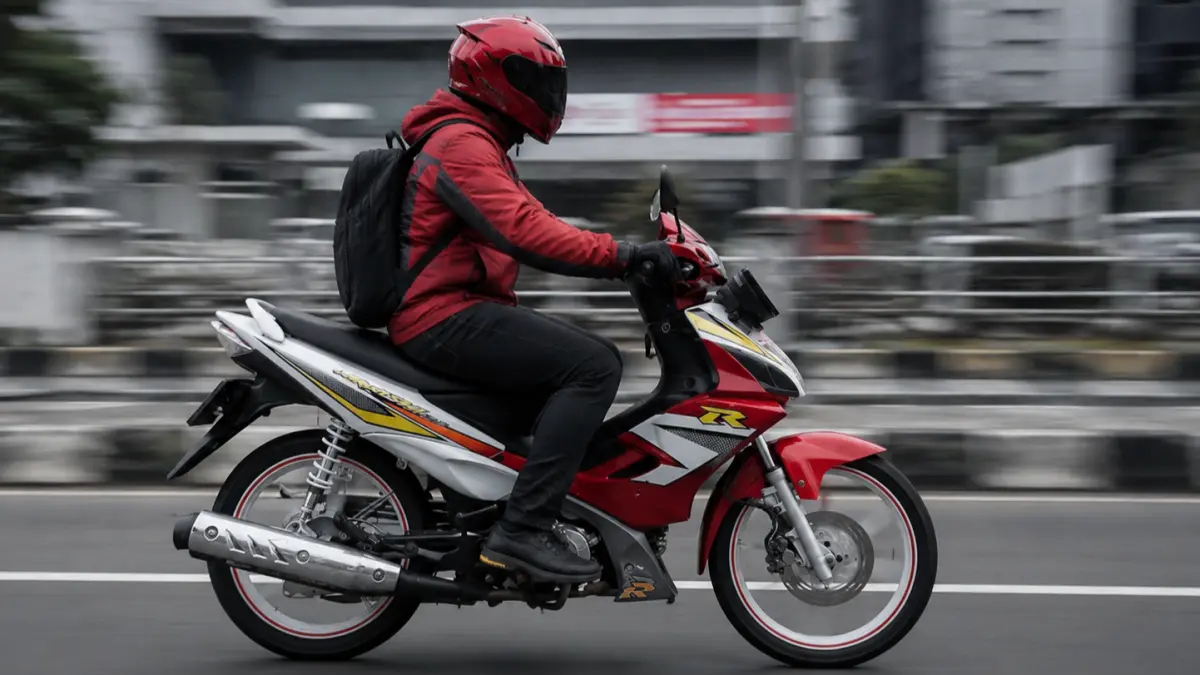 Ilustrasi ai motor bebek lawas Suzuki Arashi dikendarai di jalan raya. (AI/HAKAM ALGHIVARI/RADAR BOJONEGORO)