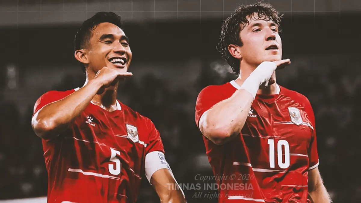 Rizky Ridho dan Ole Romeny merayakan gol dengan selebrasi. (DOK. TIMNAS INDONESIA)