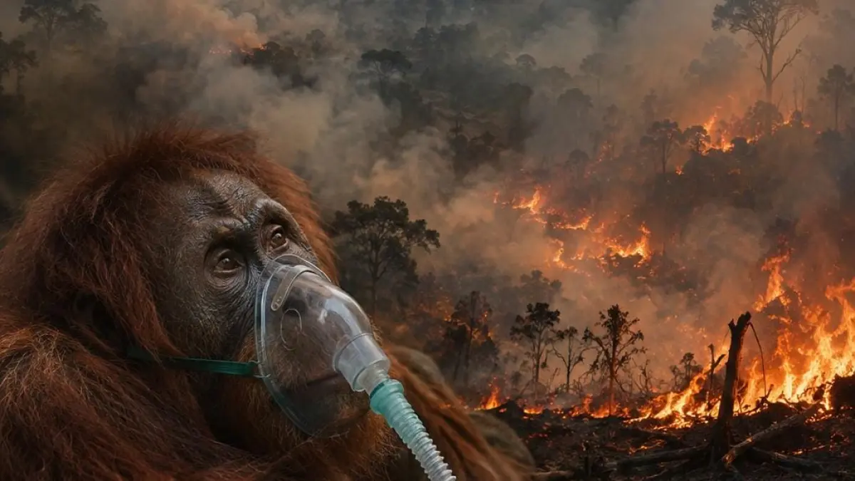 Ilustrasi Orang utan yang sedang mengenakan masker oksigen akibat terpapar asap kebakaran hutan