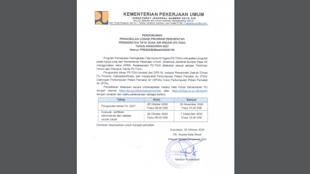 BBWS Bengawan Solo Buka Pengusulan Lokasi P3-TGAI 2027, Catat Jadwalnya