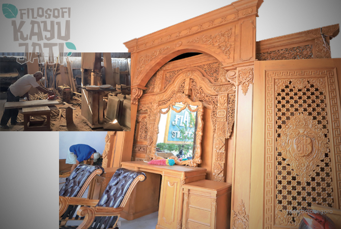 SENI KAYU: Ragam kerajinan ukir kayu jati karya perajin di Desa Sukorejo, Kecamatan Kota. Tampak pekerja memoles kayu jati. Karya ukirnya cukup ciamik dan bernilai tinggi. (FOTO-FOTO: M. NURCHOLIS/RDR.BJN)