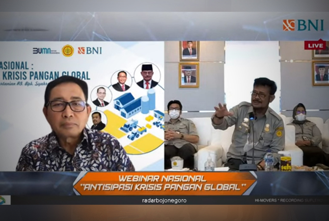 Menteri Pertanian Syahrul Yasin Limpo dan Direktur Hubungan Kelembagaan BNI Sis Apik Wijayanto Webinar Nasional: Antisipasi Krisis Pangan Global BNI Corpu, Kamis (21/7/2022).