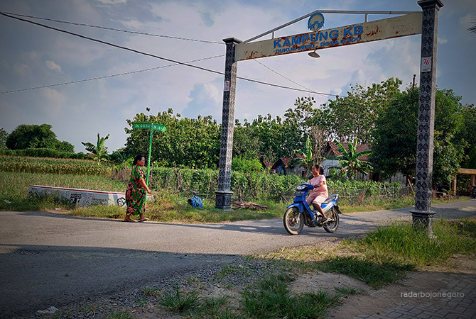 BELUM BEBAS STUNTING: Ibu berjalan di bawah Gapura Kampung KB di Desa Gadu, Kecamatan Sambong, saat ini Kabupaten Blora belum terbebas dari stunting. (Lukman Hakim/RDR.BLORA)