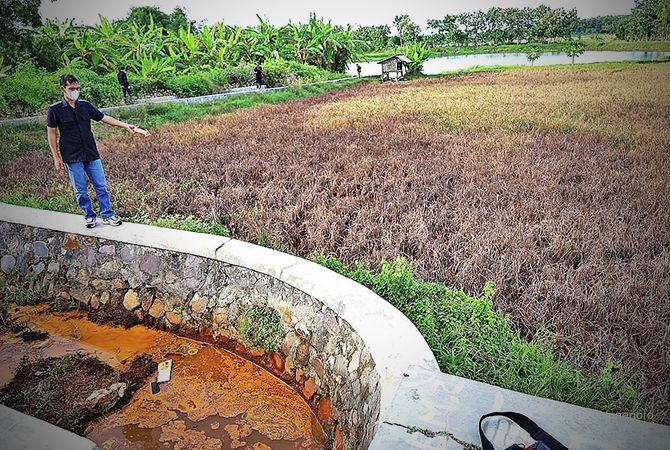 TINJAU KE LAPANGAN: Tim Inafis Polres Lamongan mengambil sampel limbah dari PT BIP yang mencemari lahan pertanian di Desa Tlogoretno, Kecamatan Brondong bulan lalu. PT BIP bakal panggil.  (Dokumentasi RDR.LMG)