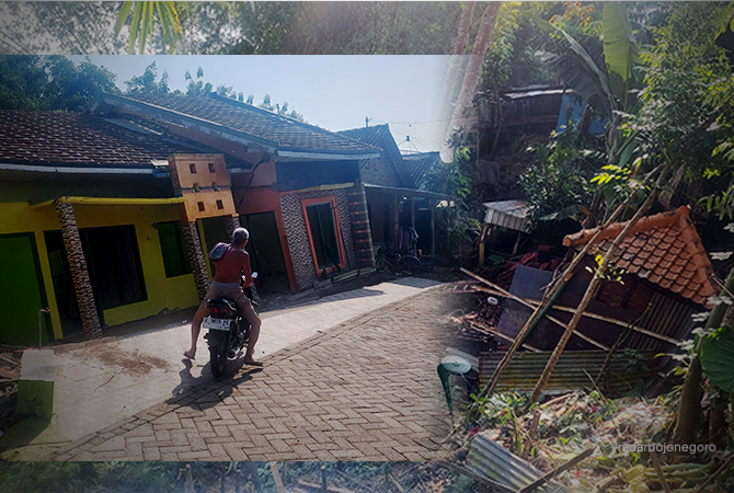 TERDAMPAK: Rumah milik Endang di Kelurahan Mlangsen ambles akibat longsoran Kali Lusi. (Lukman Hakim/RDR.BLORA)