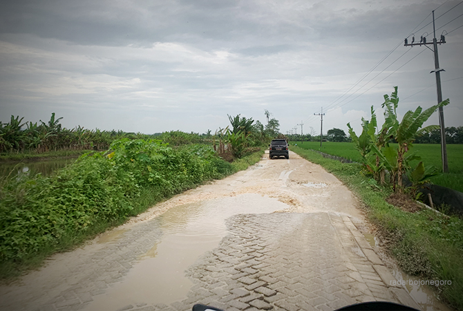 RUSAK: Jalan menghubungkan Desa Kauman hingga Desa Pucangarum, Kecamatan Baureno, tampak berlubang dan ada genangan air. (RAHUL OSCARA DUTA/RDR.BJN)