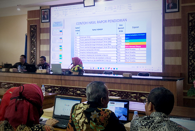 EVALUASI KINERJA: Bedah rapor pendidikan saat pertemuan PBD disdik dan kepala sekolah. PR untuk mengerek literasi siswa. (RAHUL OSCARRA DUTA/RDR.BLORA)