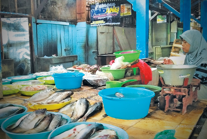 SUMBER PROTEIN: Pedagang ikan di Pasar Kota Bojonegoro menanti pembeli. Konsumsi ikan masyarakat Bojonegoro tergolong rendah. (YANA DWI KURNIYA WATI/RDR.BJN)
