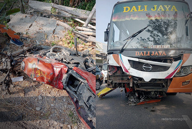 RENGGUT NYAWA: Bus Dali Jaya terlibat kecelakaan dengan TKP di Balen. Dua korban meninggal dunia di TKP. (DHANI WAHYU ALFIANSYAH/RDR.BJN)