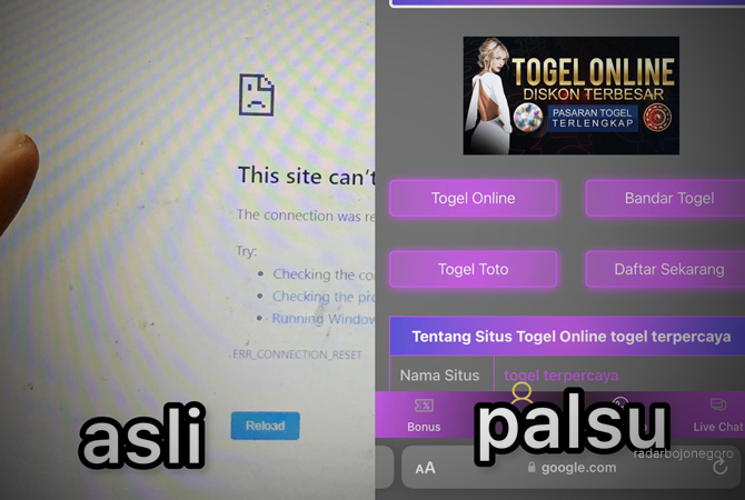SERANGAN DIGITAL: Perbedaan halaman asli dan palsu pada website pemerintahan desa. Warga diharap bisa membedakan mana yang asli dan yang palsu. (RAHUL OSCARRA DUTA/RDR.BLORA)