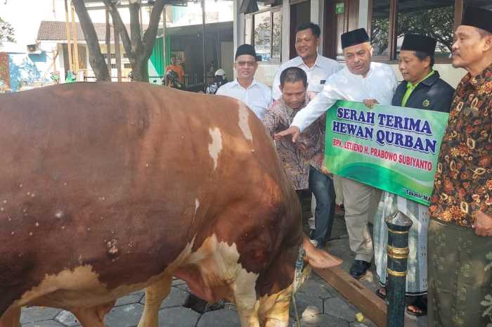 Ketua DPC Gerindra Demak H Masykuri menyerahkan sapi kurban ke Takmir Masjid Agung Demak.