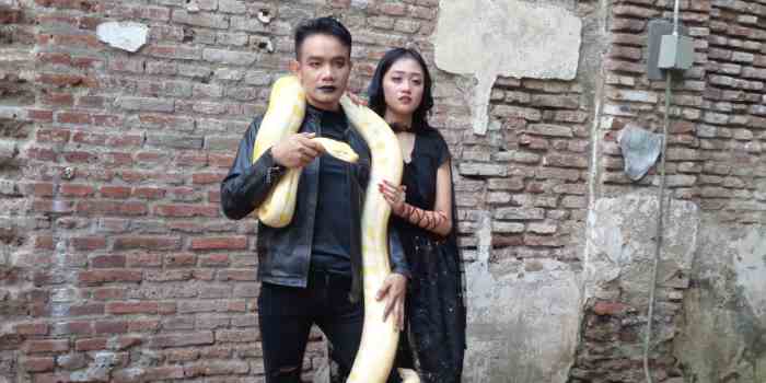 EKSOTIK : Sepasang model berpose dengan ular piton dalam acara Fashion on the Street di Kota Lama Semarang Sabtu (15/7). (NABILA RETNO/JAWA POS RADAR SEMARANG)