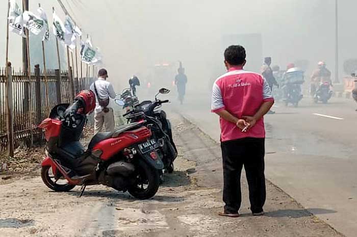 Sejumlah petugas Damkar Kendal saat memadamkan api di lahan yang terbakar.