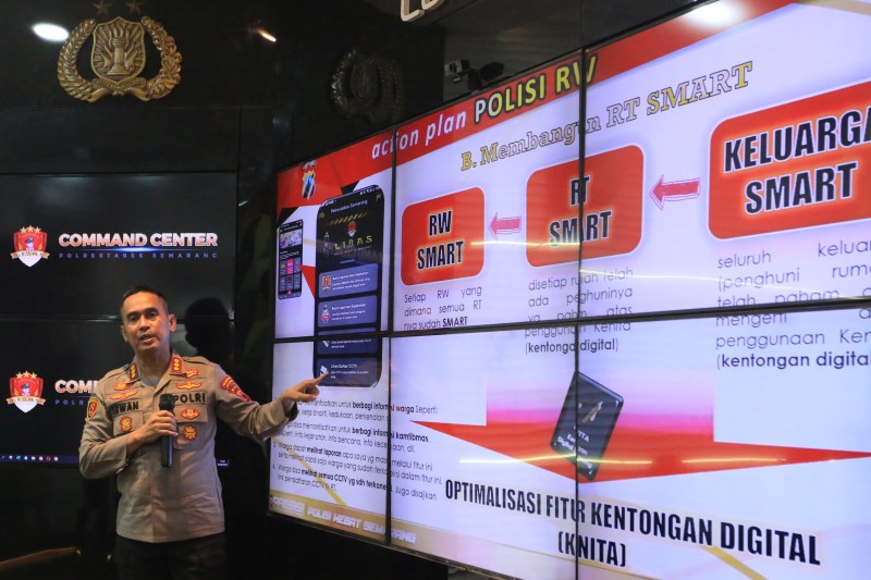 TINGKATKAN PELAYANAN: Kapolrestabes Semarang Kombes Pol Irwan Anwar saat memaparkan program RT Smart di PCC Comment Center Mapolrestabes. (Nur Chamim/Jawa Pos Radar Semarang)