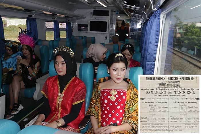 Para peserta napak tilas 156 tahun perjalanan kereta api pertama di Indonesia dengan mengenakan pakaian adat nusantara. (inzet) Iklan perjalanan kereta api pertama di koran De Locomotief edisi 31 Juli