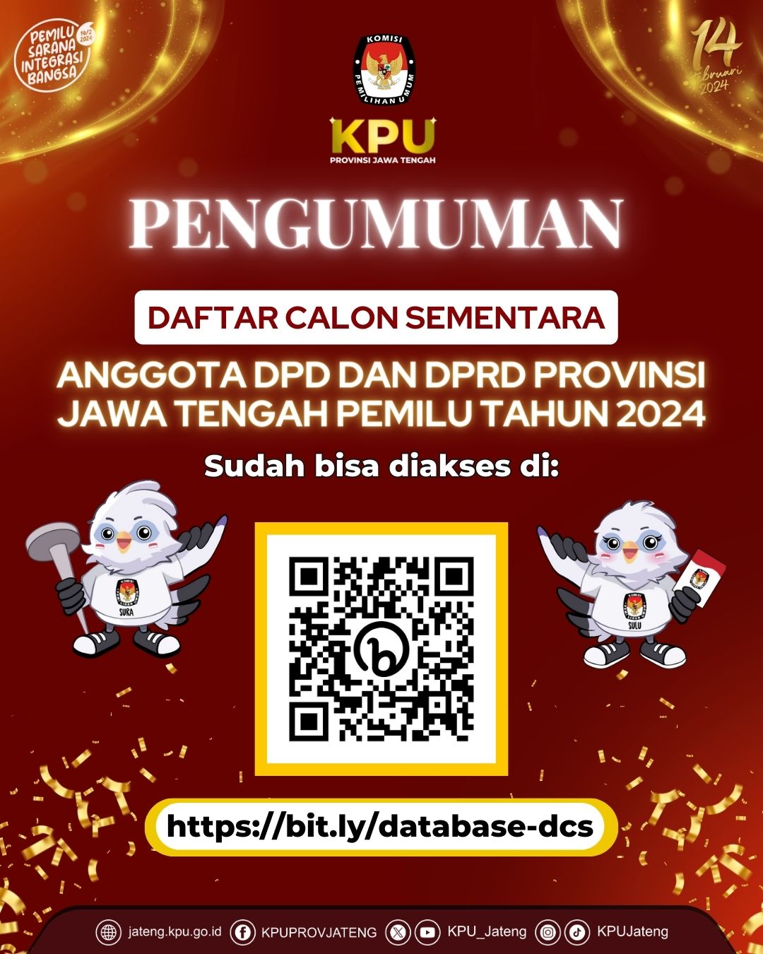 Pengumumkan DCS Anggota DPRD Provinsi Jateng dan persentase keterwakilan perempuan terlampir. Masukan atau tanggapan daftar calon sementara tercantum dalam DCS mulai tanggal 19 - 28 Agustus 2023.