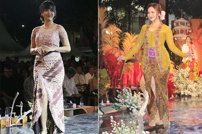 Model influencer memeragakan busana kebaya saat rebranding Kuliner Kauman Johar di Aloon-aloon Masjid Agung Semarang Jumat (1/9) malam.