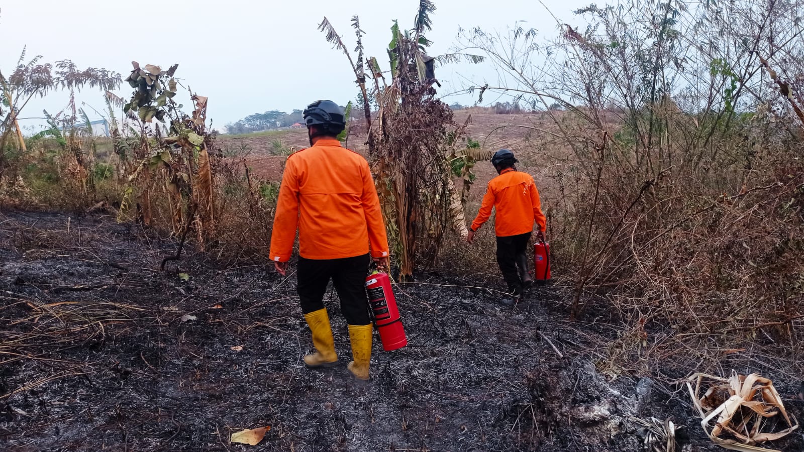 Petugas lakukan penyisiran di lokasi kebakaran TPA Jatibarang. (Ist)