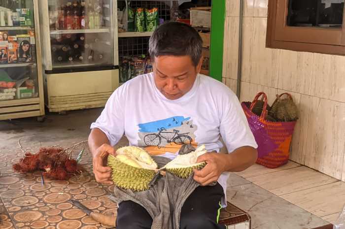 Sumanto, Warga Watugunung saat membelah Durian Tlogo.&nbsp;
