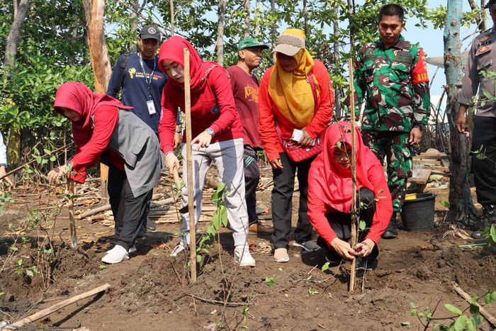 ANAM - Ketua PKK Kota Pekalongan, Inggit Soraya secara simbolis ikut menanam pohon mangrove, di lahan kosong Cemoro Sewu Slamaran, Jumat (3/11).
