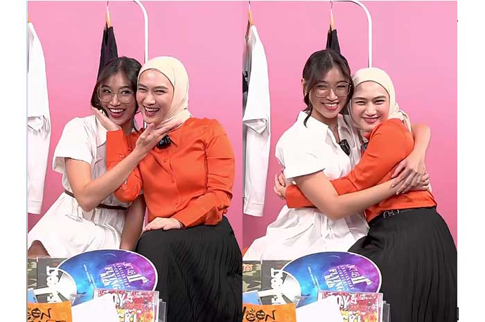 Pose kiyowo Shani dan Melody saat sesi Shopee Live Streaming Grand Launching JKT48 Official Store. Sumber: Screenshot Shopee Live JKT48 Official Store, Senin (6/11/2023).