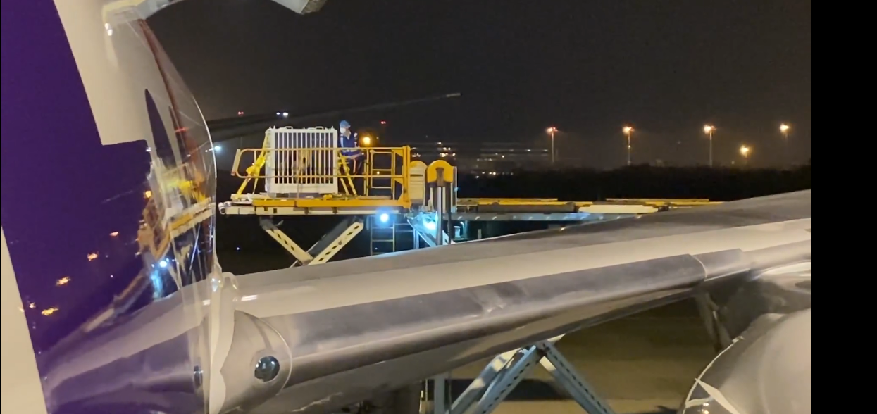 Dikeluarkan dari peti khusus FedEx, Mei Xiang, Tian Tian, dan Xiao Qi Ji tiba dengan selamat di Chengdu, Tiongkok.