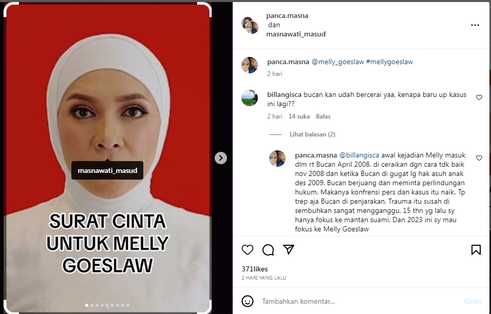 Tangkapan layar Instagram Masnawati Mas