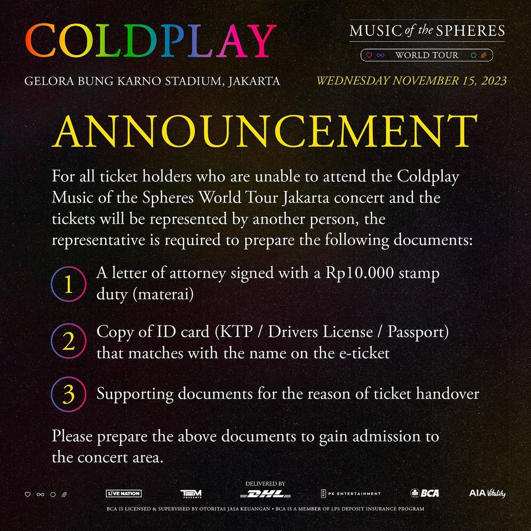 PK Entertainment merilis ketentuan dan syarat pindah tangan tiket konser Coldplay Jakarta 2023.