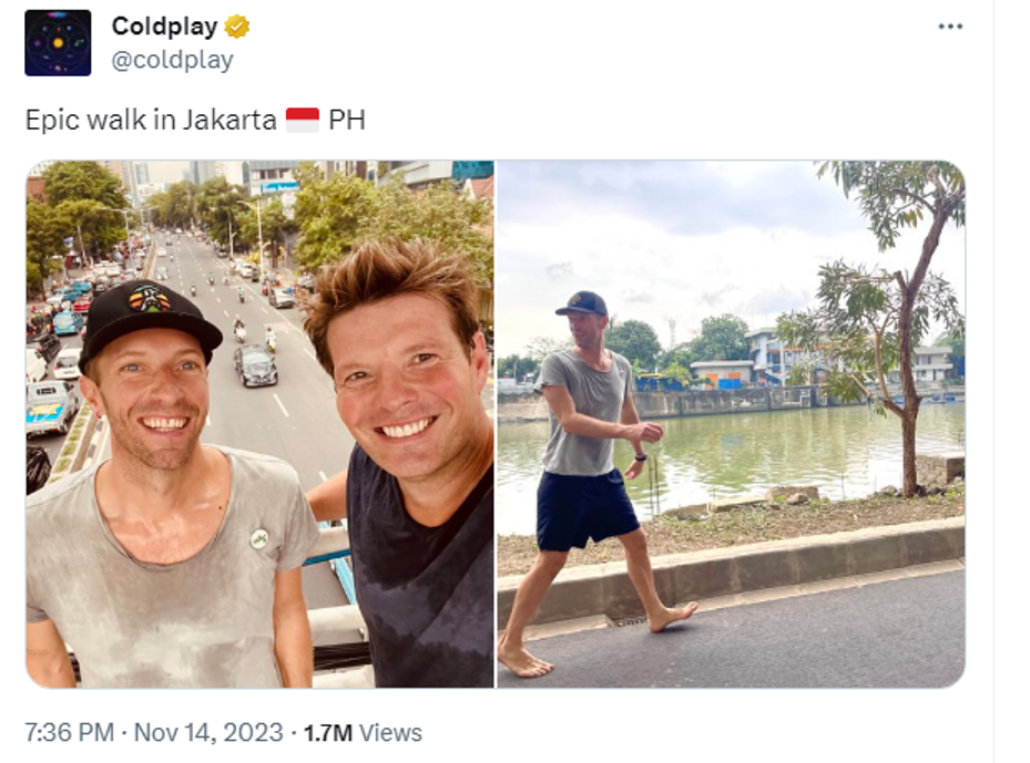 Unggahan pertama Coldplay setelah tiba di Indonesia, sehari menjelang konser di Stadion GBK Jakarta.