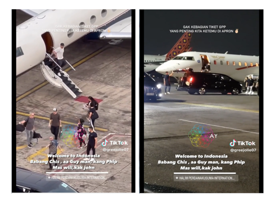 Pemilik akun TikTok @greejolie07 mengunggah video momen para personel Coldplay turun dari pesawat jet pribadi yang mereka tumpangi di bandara Halim Perdana Kusuma Jakarta (14/07/2023)