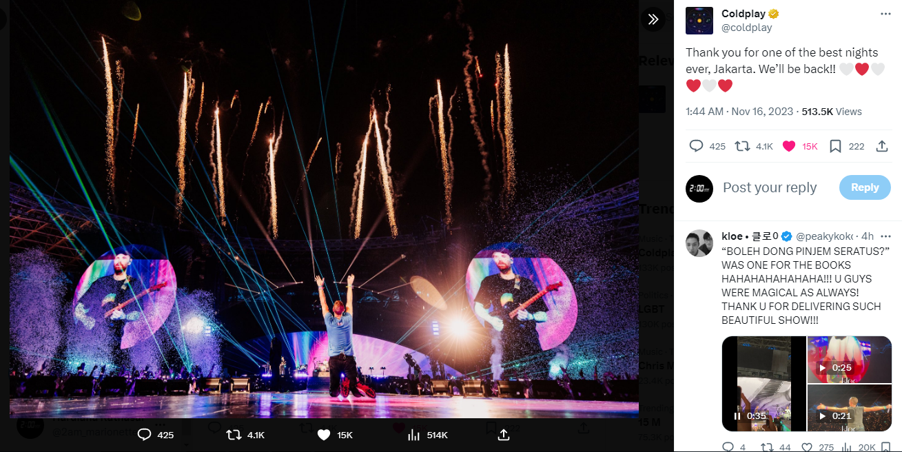 Konser Coldplay sukses digelar di SUGBK semalam (15/11/2023), mereka berterimakasih dan berjanji akan datang kembali ke Indonesia untuk mengadakan konser berikutnya.