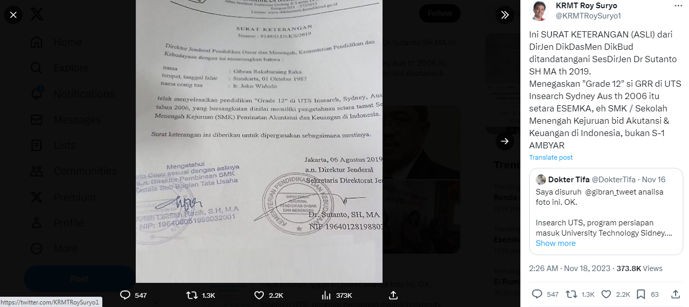 Tangkapan layar Surat Keterangan (Asli) DirJen DisDakMen DikBud yang menyatakan bahwa Gibran Rakabuming Raka telah menyelesaikan pendidikan di UTS Insearch, Sydney, Australia yang setara dengan SMK.
