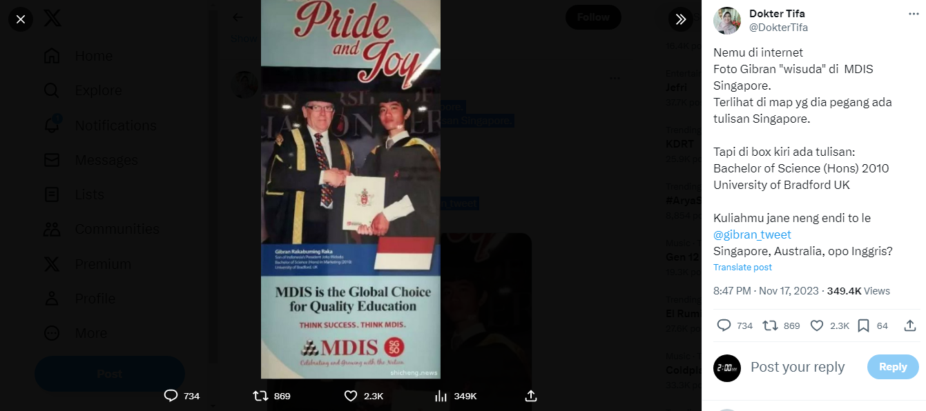 Dokter Tifa meragukan keaslian ijazah Management Development Institute of Singapore (MDIS) milik Gibran Rakabuming Raka.
