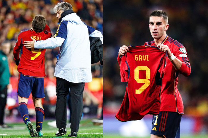 Perayaan gol Ferran Torres yang didedikasikan untuk Gavi di pertandingan kualifikasi Euro 2024, Senin (20/11).