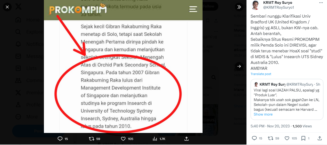 Roy Suryo mengomentari penulisan riwayat pendidikan Gibran di situs resmi Prokompim milik Pemda Solo.