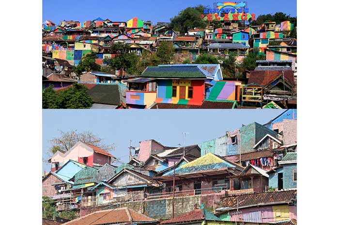 Kampung Pelangi beberapa waktu silam masih terlihat warna warni bak pelangi (atas). Kondisi Kampung Pelangi sudah tidak lagi ngejreng(bawah). Nur Chamim/Jawa Pos Radar Semarang