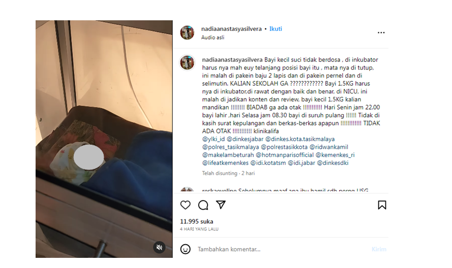 Curahan hati Nadia Anastasya Silvera, bibi bayi prematur yang meninggal dunia diduga korban kelalaian bidan klinik Alifa Tasikmalaya. (IG: @nadiaanastasyasilvera)