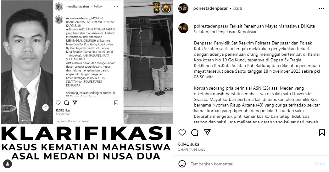 Tangkapan layar unggahan Kepolisian Resor Kota Denpasar, klarifikasi terkait penolakan autopsi jenazah Aldi Sahilatua Nababan oleh pihak keluarga.