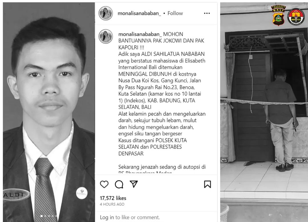 Aldi Sahilatua Nababan, mahasiswa Perguruan Tinggi Pariwisata dan Perhotelan Elizabeth International Bali yang tewas mengenaskan di kamar kosnya, diduga dibunuh.