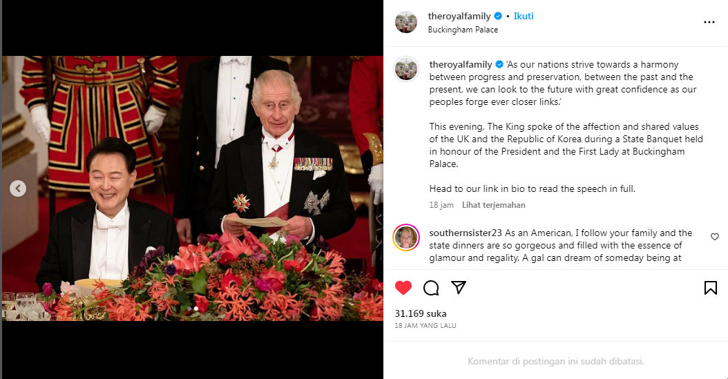 Raja Charles III menyampaikan pidato pada Jamuan Makan Kunjungan Kenegaraan Presiden Korea, Yoon Suk-yeol ke Kerajaan Inggris, di Buckingham Palace.