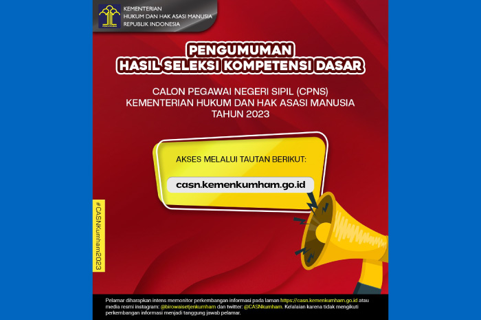 Pengumuman hasil Seleksi Kompetensi Dasar (SKD) CPNS Kemenkumham tahun 2023.