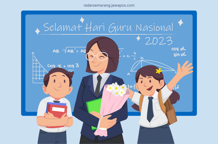 Ilustrasi murid memberikan ucapan Selamat Hari Guru Nasional 2023 kepada gurunya dengan memberikan bunga.