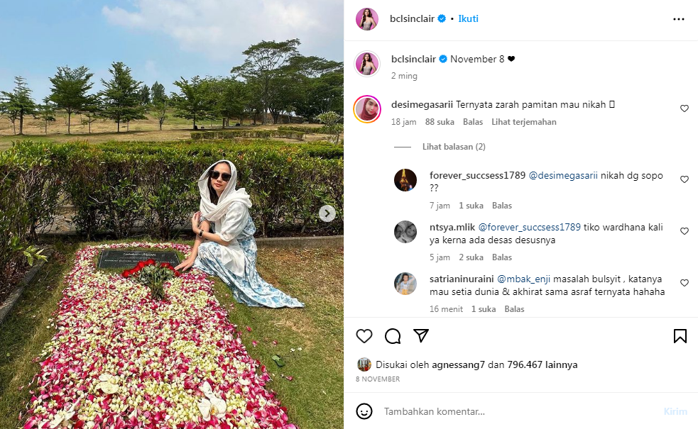 Unggahan Bunga Citra Lestari berziarah ke makam mendiang suaminya, Ashraf Sinclair, (8/11/2023). (Instagram Bunga Citra Lestari, @bclsinclair)