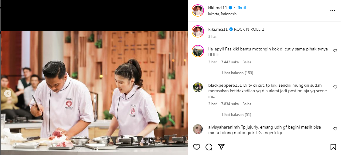 Unggahan momen Kiki ketika membantu Belinda memotong lamb-rack / iga domba (Instagram Rizkisyah Putra Singarimbun, @kiki.mci11)