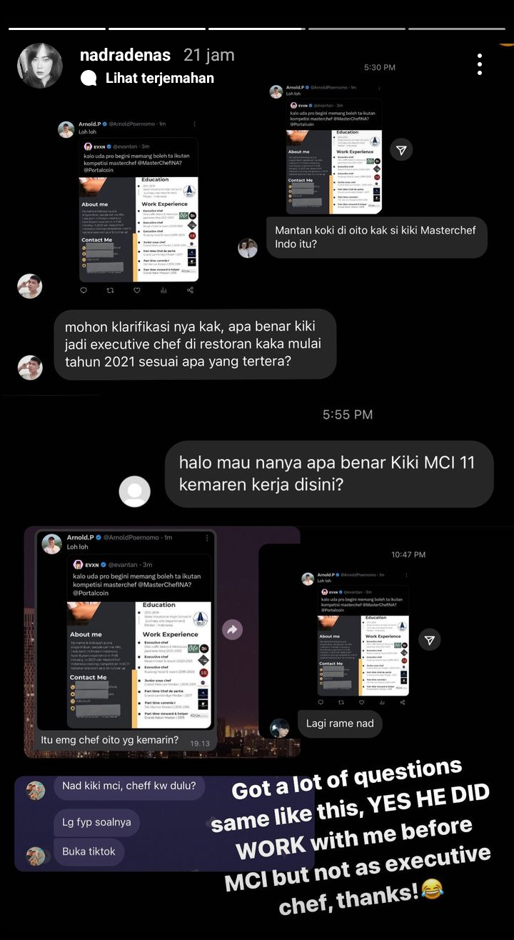 Screenshot Instastory Nadra Ulfa Denas, mengklarifikasi isu CV Executive Chef Kiki yang beredar di X (Twitter). (Instastory Instagram @nadradenas)