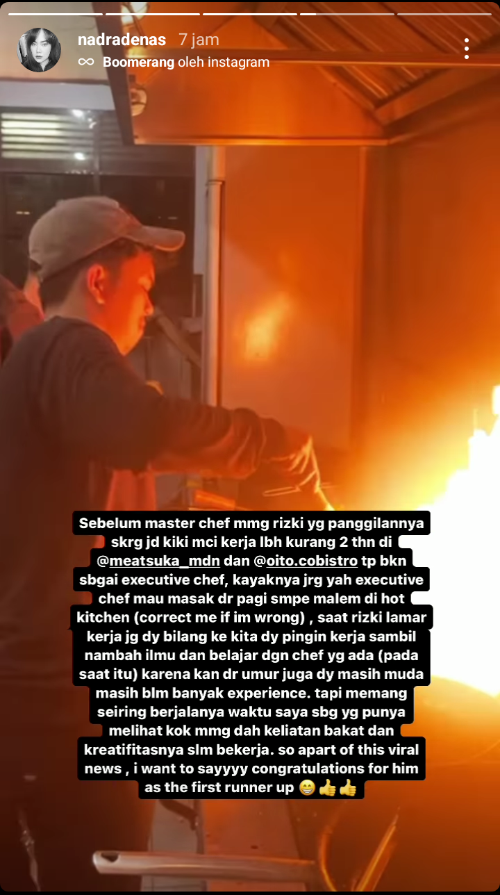 Screenshot Instastory Nadra Ulfa Denas, mengklarifikasi isu CV Executive Chef Kiki yang beredar di X (Twitter). (Instastory Instagram @nadradenas)