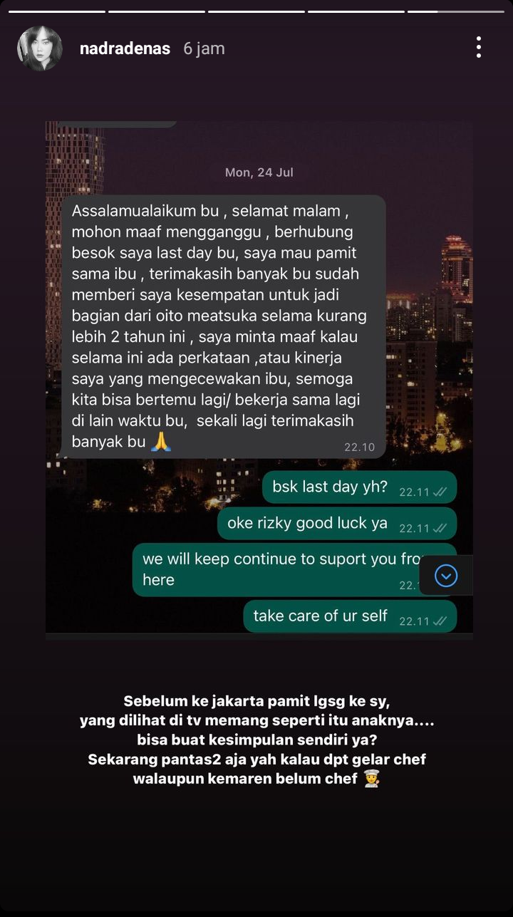 Screenshot Instastory Nadra Ulfa Denas, mengklarifikasi isu CV Executive Chef Kiki yang beredar di X (Twitter). (Instastory Instagram @nadradenas)