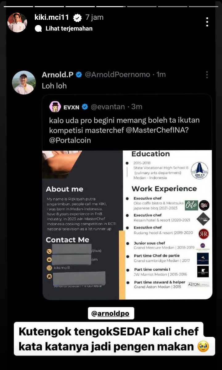 Kiki mengunggah Instastory perihal isu CV Executive Chef dirinya, dan menandai akun Chef Arnold. (Instastory Instagram Rizkisyah Putra Singarimbun, @kiki.mci11)